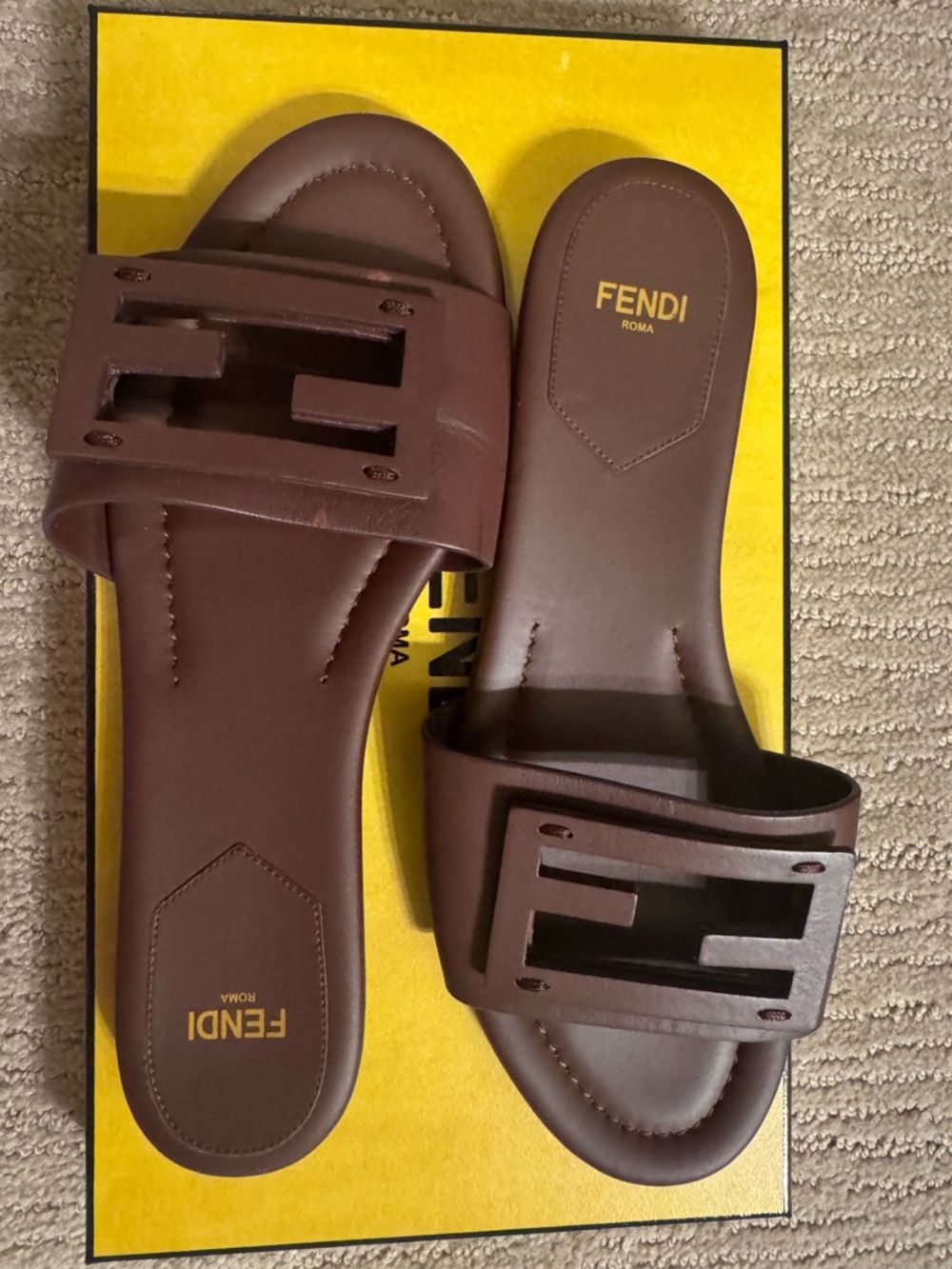 Fendi Brown FF Cutout Leather Slide Sandals - Picture 3 of 7